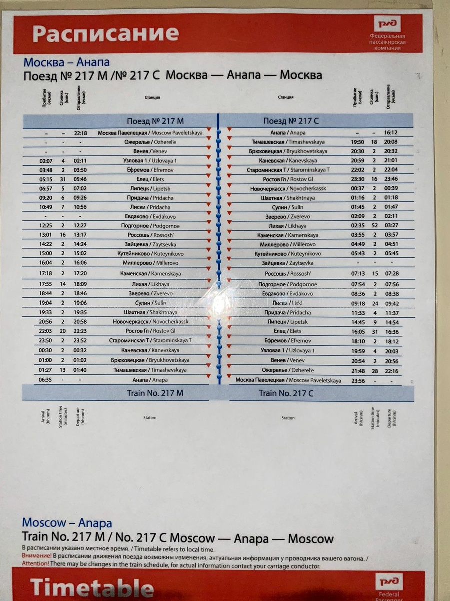 Расписание поезда 217 Москва-Анапа в вагоне