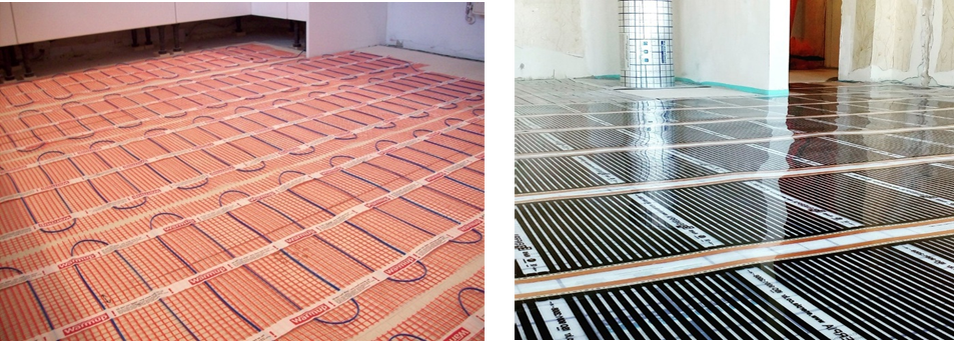 Рисунок 1 (слева) Теплый пол под линолеум. Рисунок 2 (справа) Пленочный теплый пол. Изображение выполнено командой НПО ЭлектроРазработки