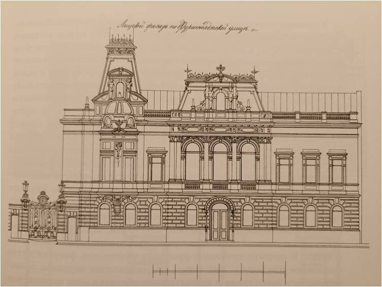 Проект особняка К.А. Варгунина. Фасад. Утверждённый вариант. 1896. ЦГИА СПб. (публикуется по: Кириков Б.М. Архитектор А.И. фон Гоген. От эклектики к модерну. СПб.: Коло, 2023. С. 73)