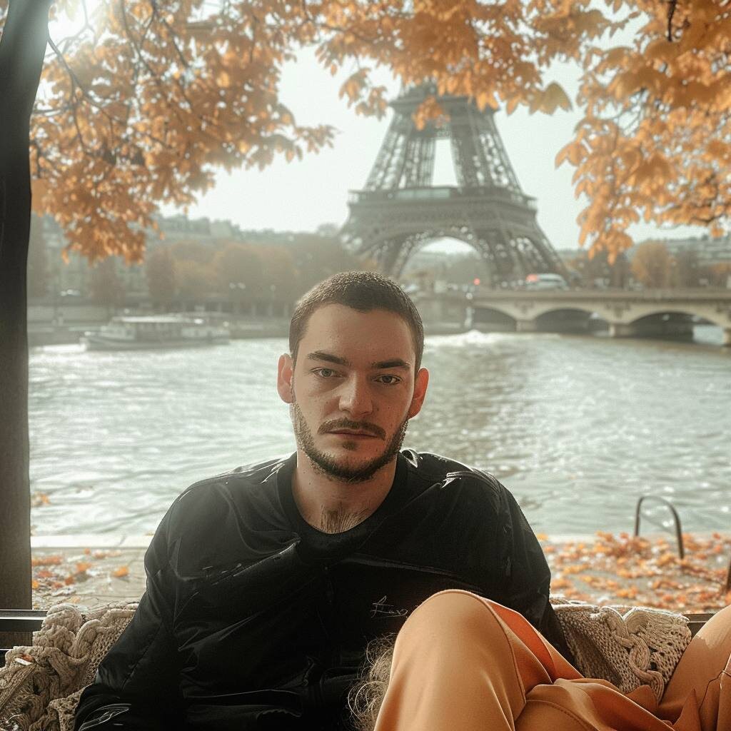 Томас Гайсанов на фоне Эйфелевой башни