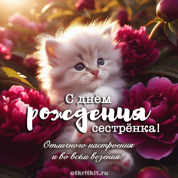 Милая картинка с котенком на день рождения сестре. Источник - otkritkit.ru