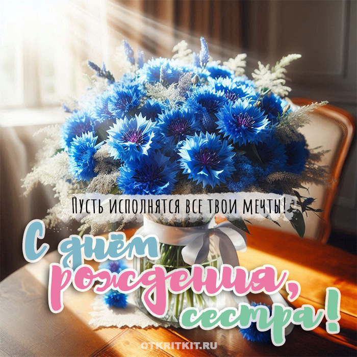 Открытка С днем рождения сестре с букетом васильков. Источник - otkritkit.ru