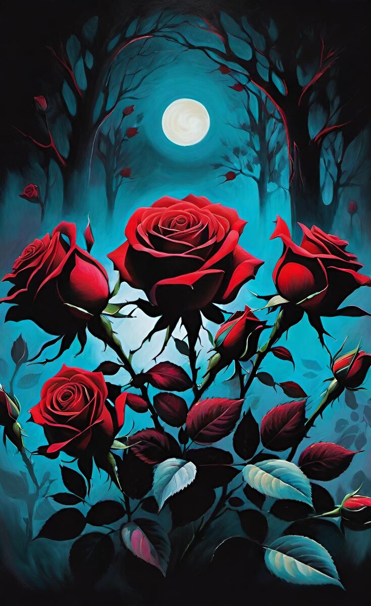 Ночь и розы. Иллюстрация создана с помощью нейросети DreamAI.