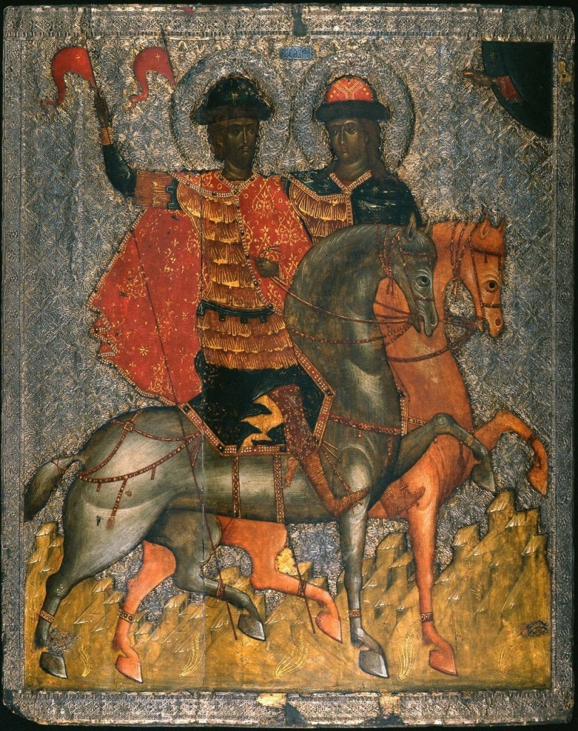 Борис и Глеб. Последняя треть XIV в. Оклад XVI в.Происходит из церкви Бориса и Глеба в Плотниках в Новгороде. Новгородский музей. Существует мнение, что иконографический извод, изображающий Бориса и Глеба конными воинами, восходит еще к XII веку