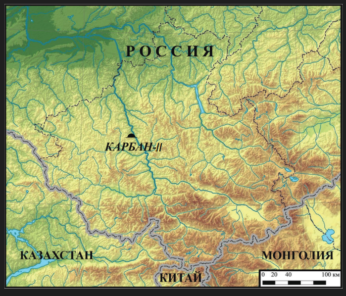 Рис. 1. Месторасположение могильника Карбан-2 на карте-схеме Республики Алтай. 