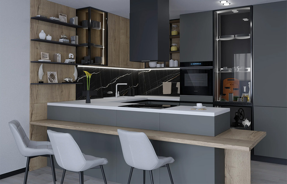 Серая кухня (фото 2): белая столешница скомбинированная с  барной стойкой под дерево. 