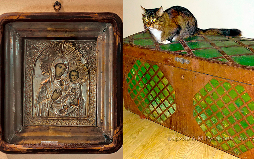  До нашего времени сохранилась небольшая часть приданого Марии Федоровны: две венчальные иконы и сундук, который купили родители Марии – Федор Григорьевич Кузнецов и Марфа Сергеевна. Предположительно, его сделали в Нижне-Тагильской сундучной мастерской З. П. Кокушкиной. Замок раньше был с музыкальным звоном. Фото: архив Александра Русанова