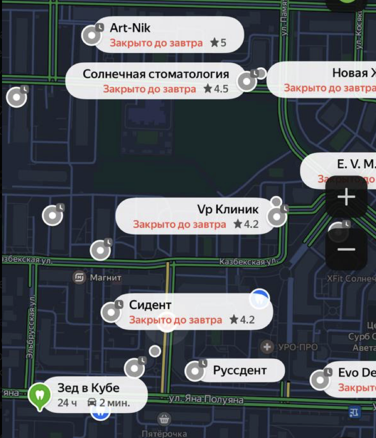 Прикрепляю скрин, где видно, что почти в каждом доме есть стоматологическая клиника. 