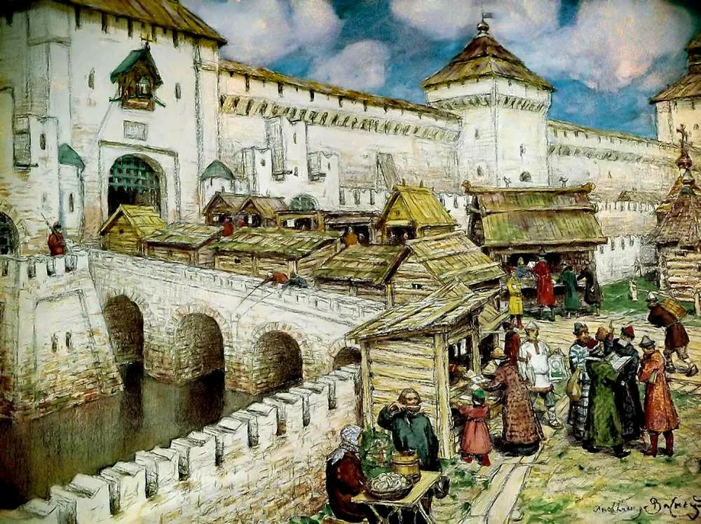 Книжные лавочки на Спасском мосту. Реконструкция художника А. Васнецова на период XVII века. Арочный каменный мост через Алевизов ров, соединяющий Красную площадь и проездные ворота Спасской башни Кремля. Источник: boris-martem.livejournal.com