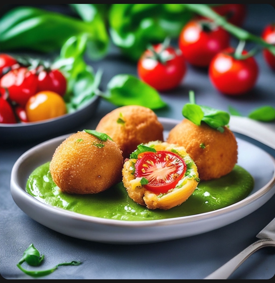 Аранчини, фаршированные томатами черри с муссом из шпината и шалфея 