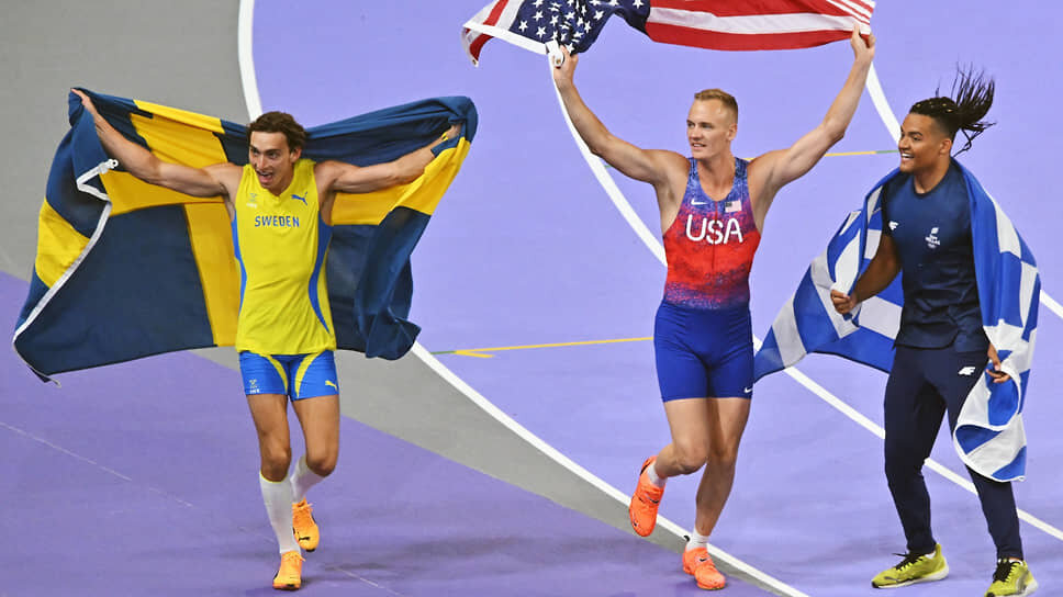 Фото: Дмитрий Лебедев / Коммерсантъ📷Слева направо: Арманд Дюплантис, Гэвин Сэм Кендрикс и Эммануил Каралис