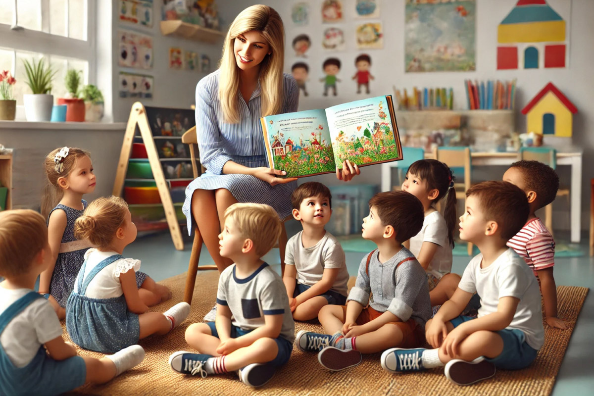    Воспитатель помогает детям расти и развиваться. Источник: нейросеть