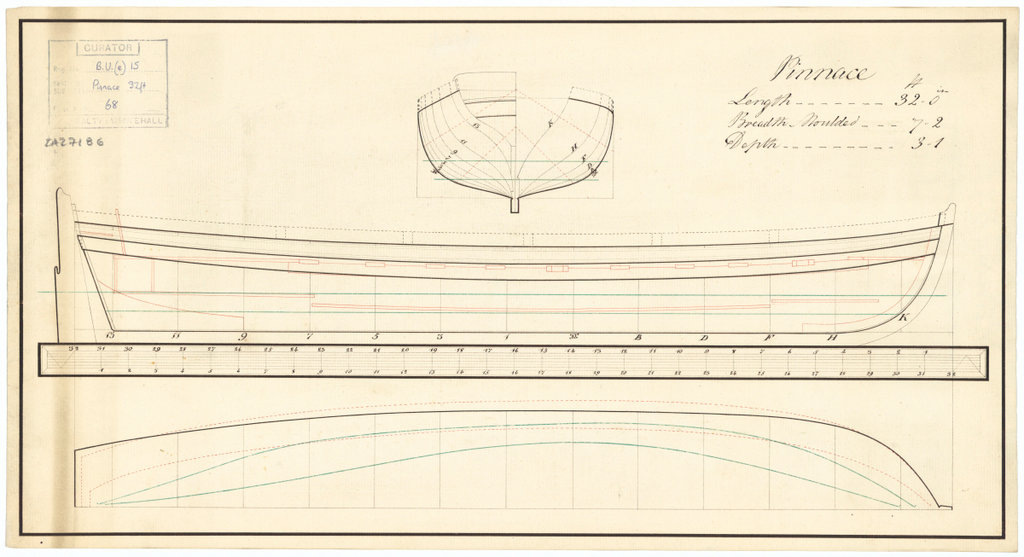 Чертеж 14-весельного 32-футового пинаса, около1811 г. Масштаб: 1:24. Национальный морской музей, Гринвич, Лондон. ZAZ7186
