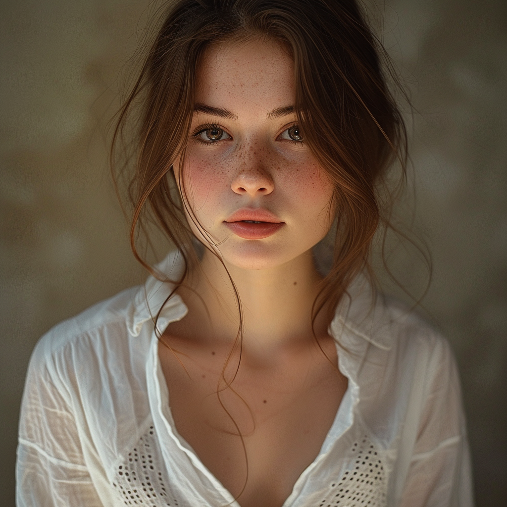 Photo young woman, beauty, femininity, fullness, womanly, girly, warmth , simplicity , cotton blouse, summer, ceramic skin