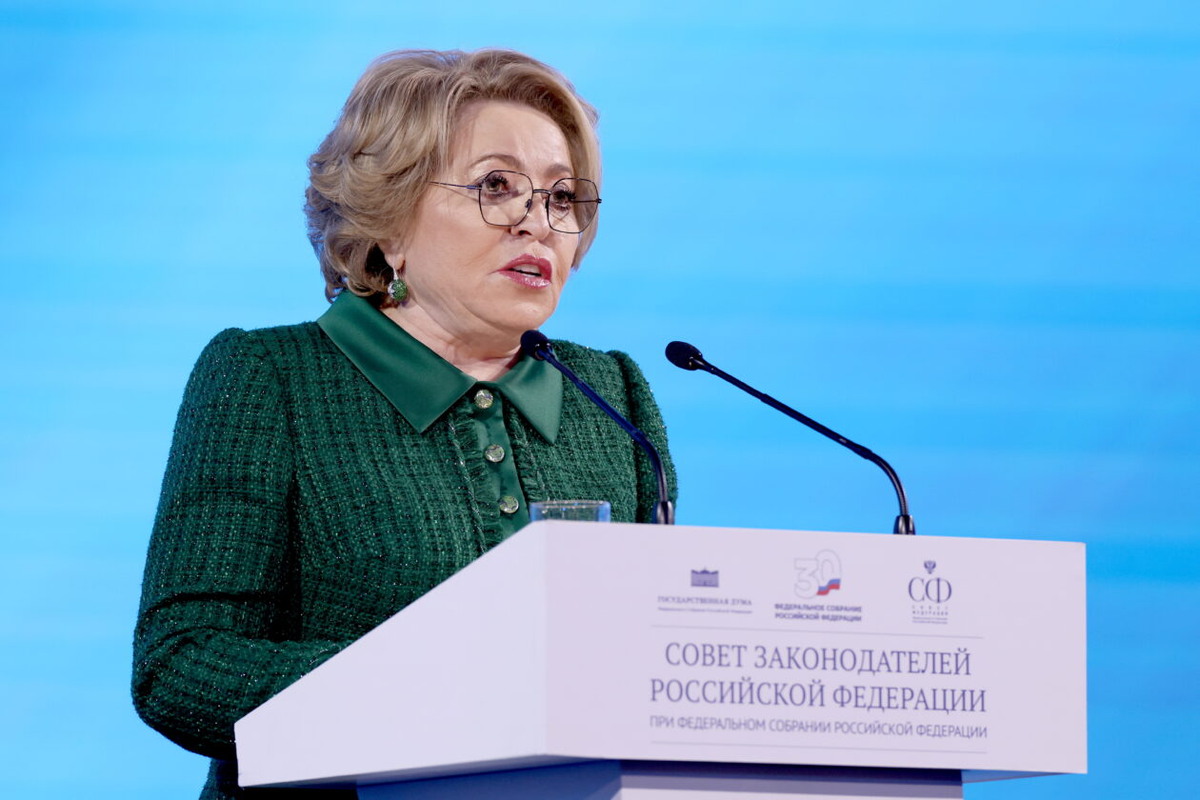RUSSIA,  MOSCOW — DECEMBER 20, 2023: Russian Federation Council Speaker  Valentina Matviyenko addresses a meeting of the Council of Legislators  of Russia dedicated to the 30th anniversary of the founding of the  Federal Assembly of Russia, at the House of the Unions. Valery  Sharifulin/TASS