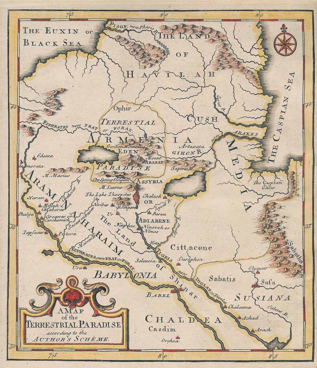 Карта "Земной Рай" - Эдем, основана на средневековых мифах и религиозных традициях, согласно которым Земной Рай находился у Междуречья. Карту составил англичанин Эммануэль Боуэн (1714 - 1767 гг.) Здесь Рай представлен на территории Исторической Армении, между озерами Урмия и Ван, имея в центре гору Арарат. Истоки рек Аракс, Тигр и Евфрат показаны на этой территории. Карта напечатана около 1780г. Та же карта перепечатана в разных атласах Боуэна, которые издавались с 1744 - 1780гг. Варианты подобных карт издавали также Моксон, Стакхауз, Киршери, Буаш, Вугонди и другие. Размеры 20х23 Личная коллекция, Лондон - Ref. RG31