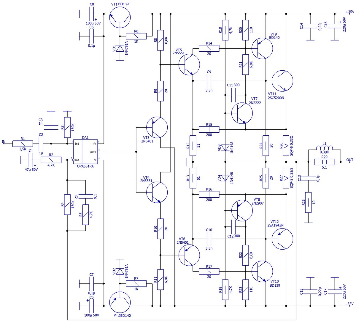 Схема электрическая принципиальная усилителя без выносных элементов термостабилизации