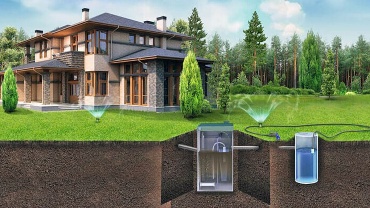 Вариант оборудования автономной канализации на примере станции глубокой биологической очистки с колодцем под водоотведение