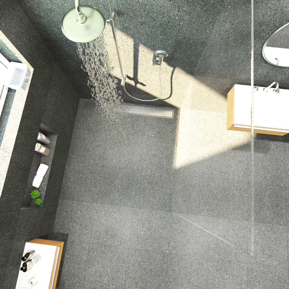 Использование кварцевого агломерата в помещениях с повышенной влажностью. Агломерат Taurus Terazzo Grey от TechniStone