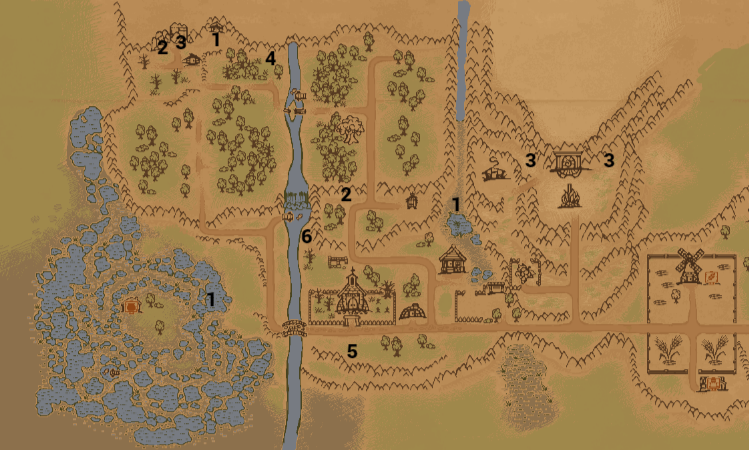 1 - железо; 2 - камень; 3 - мрамор; 4 - уголь, сера, известняк; 5 - глина; 6 - песок. 