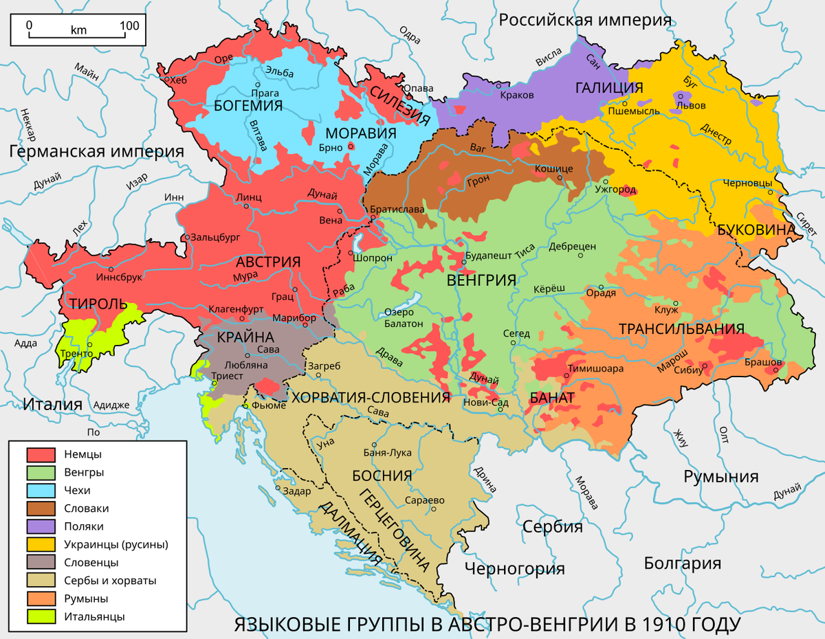 Территория и население Австро-Венгрии в 1910 году. Источник: wikimedia