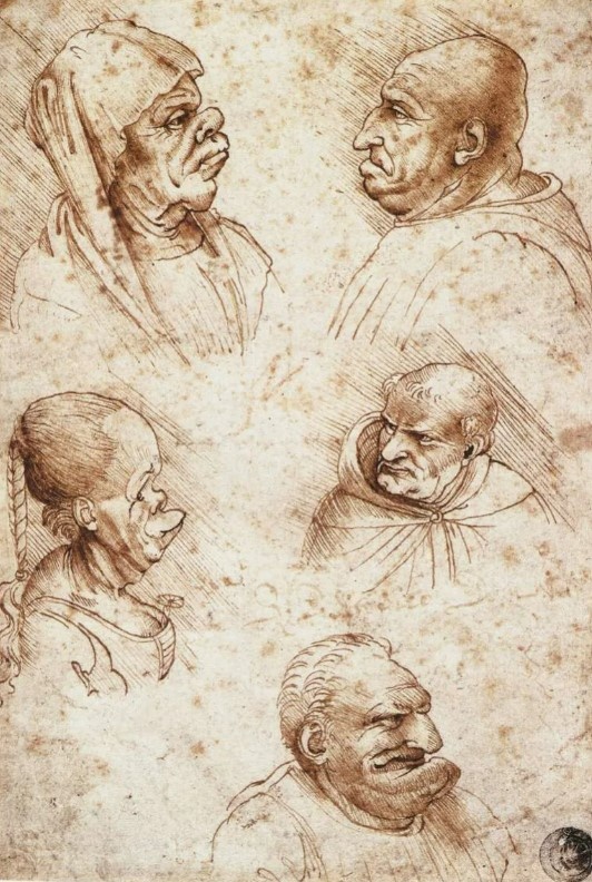 Леонардо да Винчи, Пять карикатурных голов, Рисунки и иллюстрации, 1490, 18×12 см, Галерея академии, Флоренция
