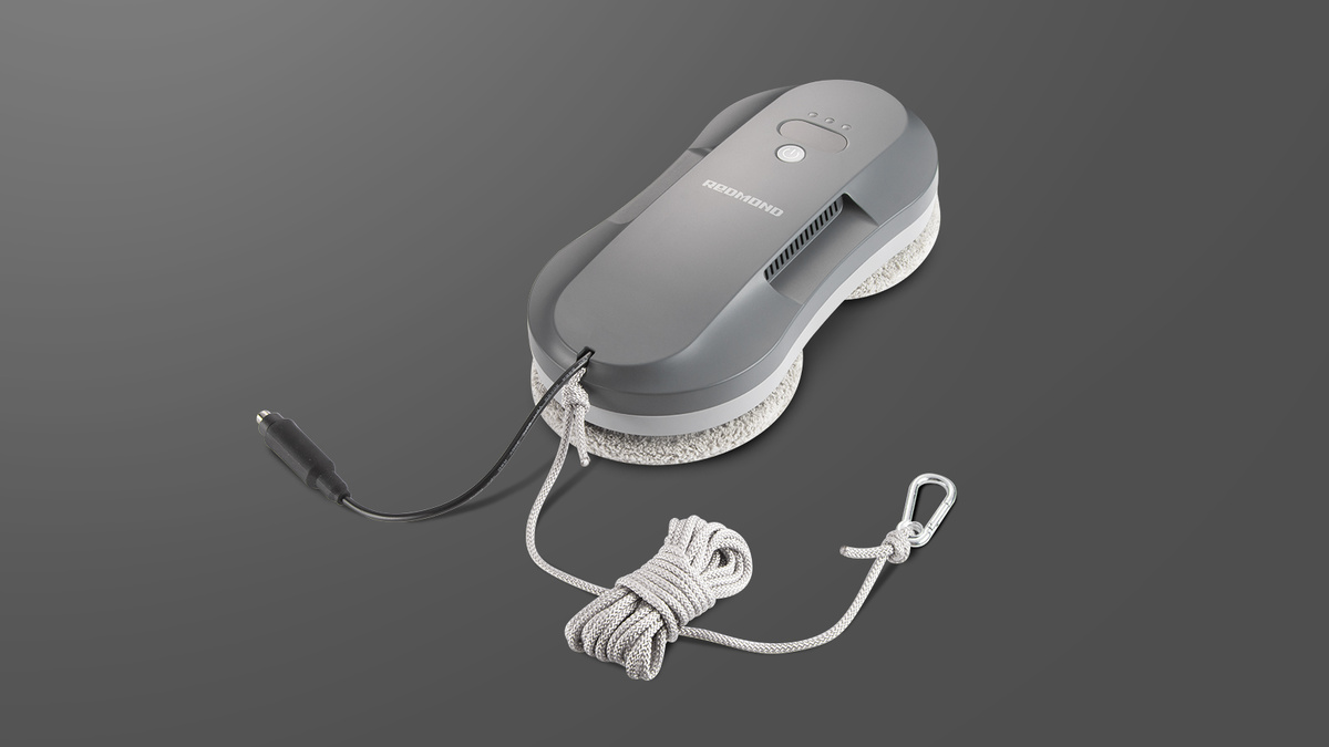 Умный робот-мойщик окон оснащен страховочным тросом, который позволяет не беспокоиться, что прибор сорвется вниз.