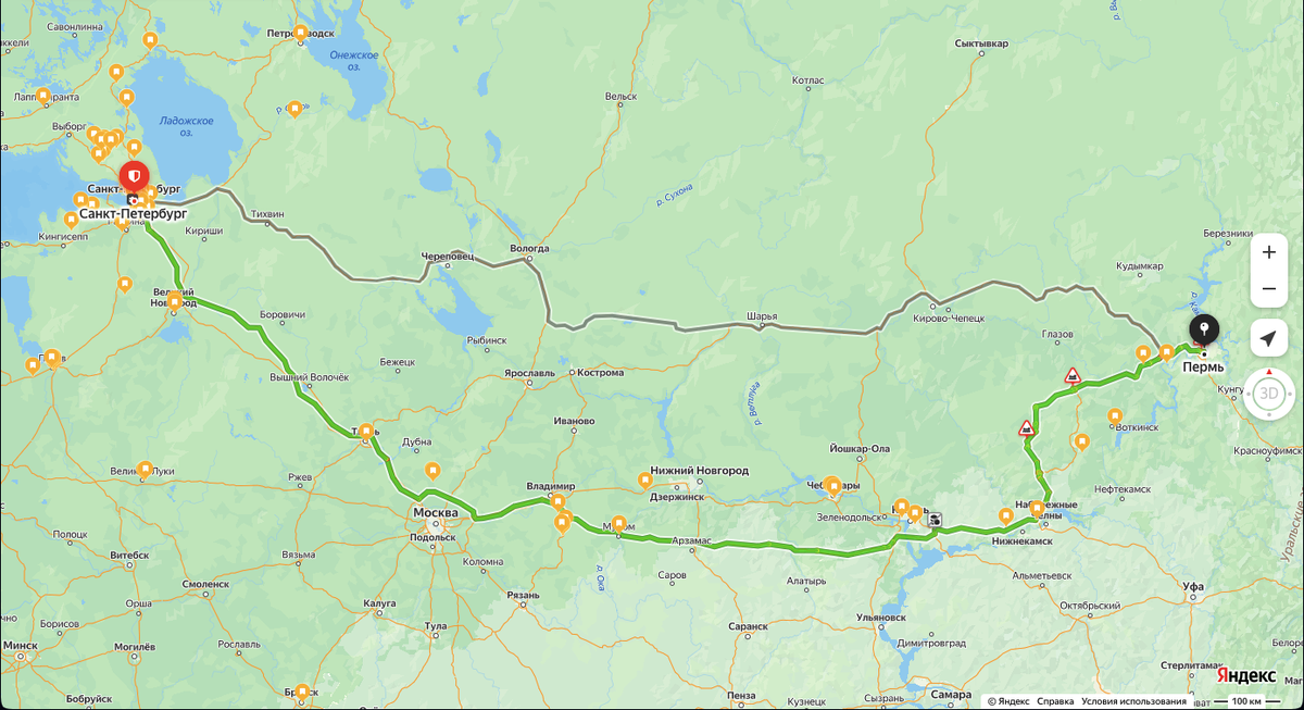 Пермь-Санкт-Петербург. Зеленым - дорога через платные трассы Восток и Нева. 2200 километров