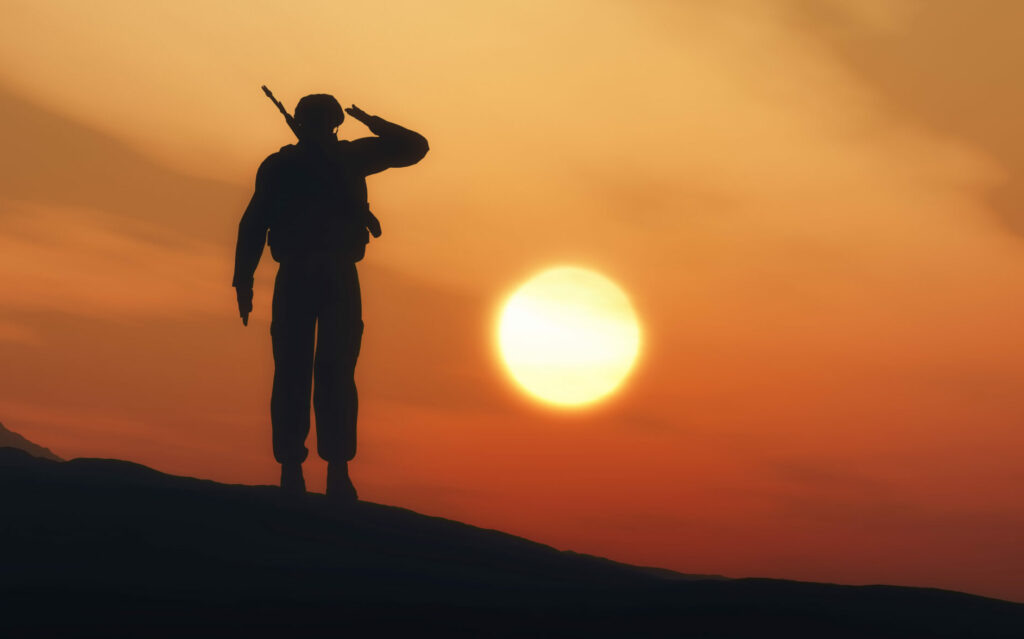    3D render of a silhouette of a soldier saluting against a sunset sky Екатерина Малаховская