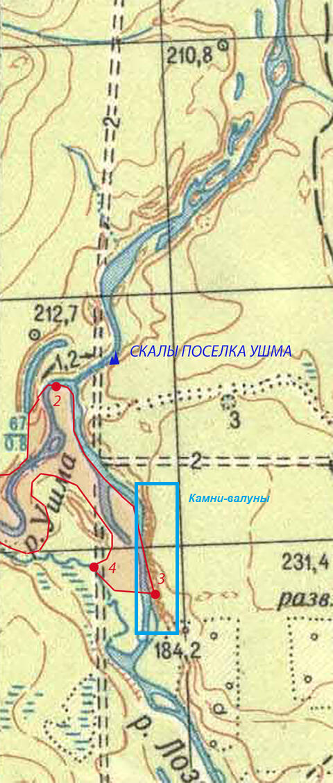 Фото 2. Камни-валуны на карте. Этот участок начинается примерно в километре от устья Ушмы и имеет протяженность на юг около километра.