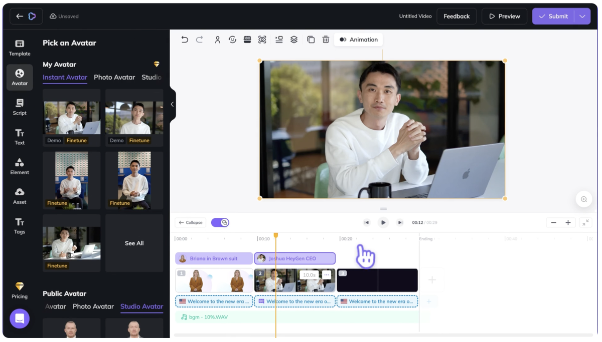 HeyGen — это облачная платформа, использующая искусственный интеллект для создания высококачественных видео с собственными цифровыми аватарами. Платформа позволяет пользователям создавать уникальных аватаров, которые могут говорить на более чем 100 языках, имитировать человеческие жесты и мимику, обеспечивая профессиональный результат для различных целей, включая социальные сети, маркетинг и обучение.