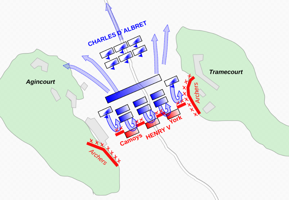Битва при Азенкуре. Красные — англичане, синие — французы. Источник: Википедия. 