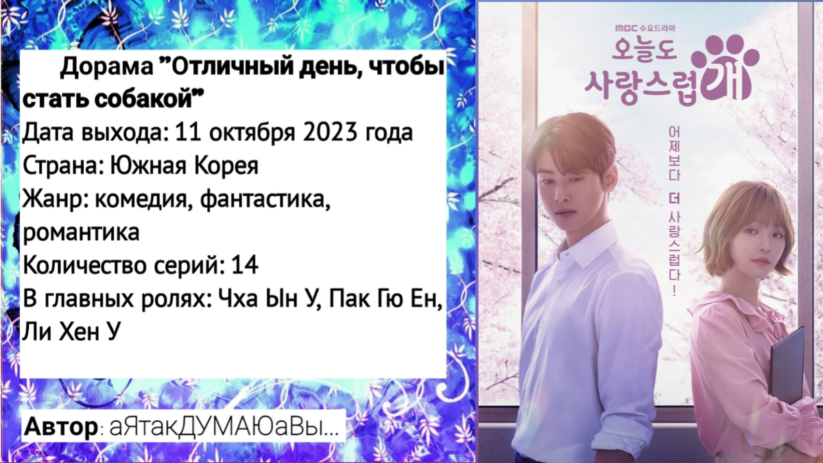 Коллаж создан автором этой статьи. В нем использован постер дорамы "Отличный день, чтобы стать собакой" 2023 года. Источник: https://www.kinopoisk.ru/picture/4024502/