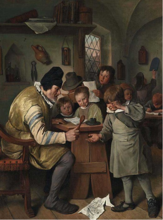 Ян Стен, «Деревенская школа», 1665 г. Эта странная деревянная «ложка» в руках педагога - paddle – лопатка для телесных наказаний. В переводе это слово означает и лопатку, и весло. Били ею чаще всего по рукам, но мальчикам могло достаться и по другим частям тела. Девочек же лупили только по ладоням, так как женское тело, созданное для деторождения, все-таки боялись повредить. [Источник: Любопытные факты об образовании прошлого Опубликовал: Alexander 11:13 04 августа 2024].