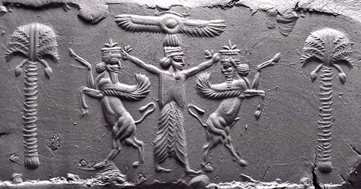 Современный оттиск на глине цилиндрической печати Ахеменидов, 5 век. До нашей эры. Крылатый солнечный диск узаконивает персидского царя, который подчиняет себе двух необузданных месопотамских Ламассу.