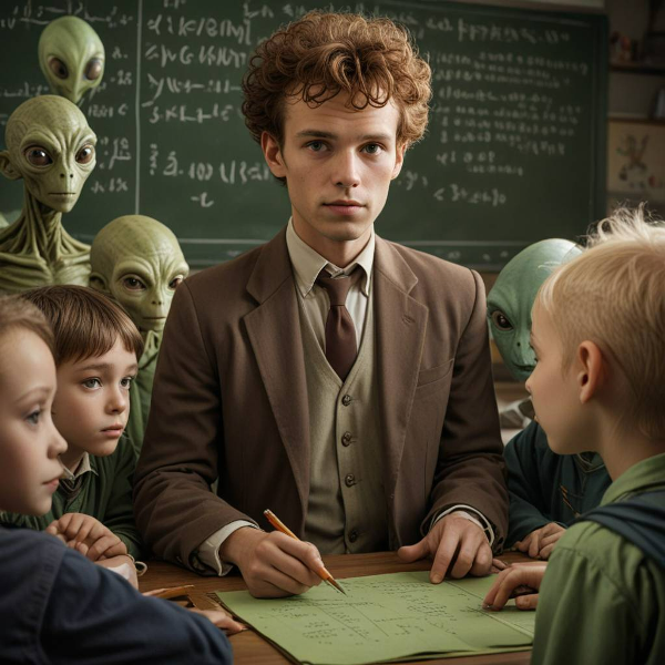 Картинка от Креа. Допустим, это учитель математики, господин Ван дер Эден. Зеленых жутких монстров в школе на Арпадане вроде бы нет, но нейросеть видит инопланетян именно такими, сорри. А чтобы получить изображение математика без очков, пришлось лишить его звания профессора и назвать молодым учителем. Стереотипы неистребимы: профессор - значит, очки. Даже в космосе. Даже в будущем. 