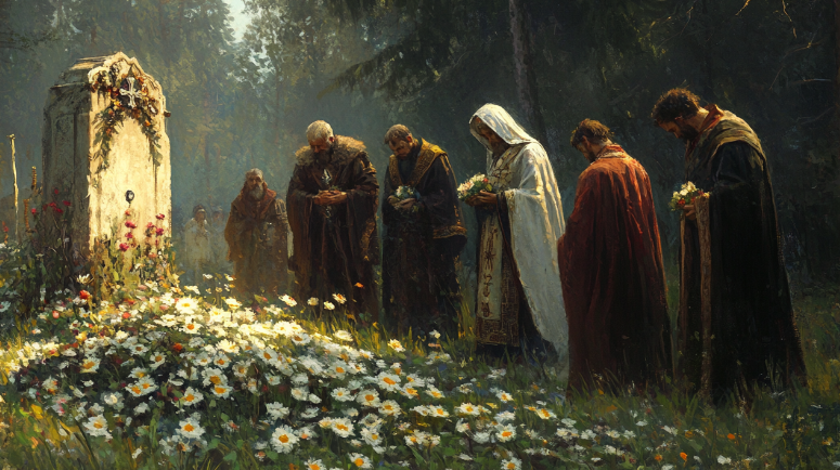 Древние славяне возлагают цветы на могилу.
