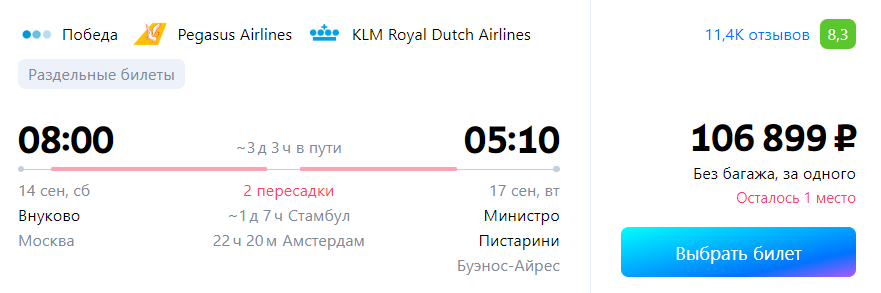 Стоимость и время перелета в Буэнос-Айрес из Москвы.