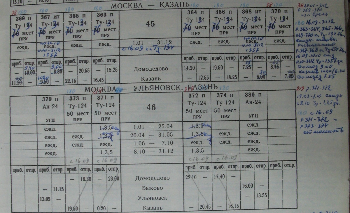 Расписание движения пассажирских самолётов за 1979 год с правками, внесенными после катастрофы Ту-124 СССР-45038. Из моей личной коллекции