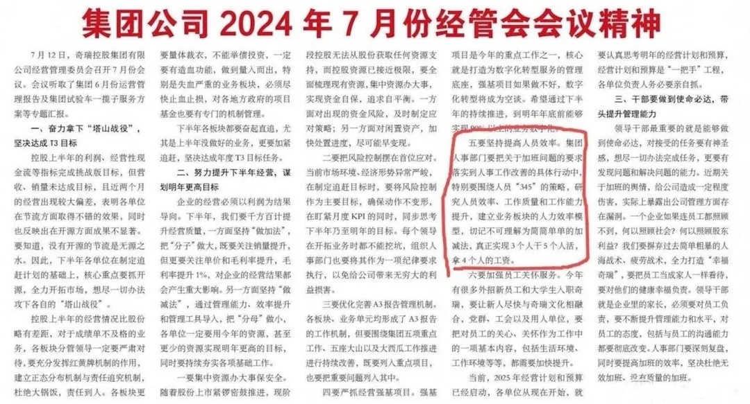 Снимок резолюции с заседания внутреннего комитета по эксплуатации и управлению Chery Holding Group. Июль 2024 года.