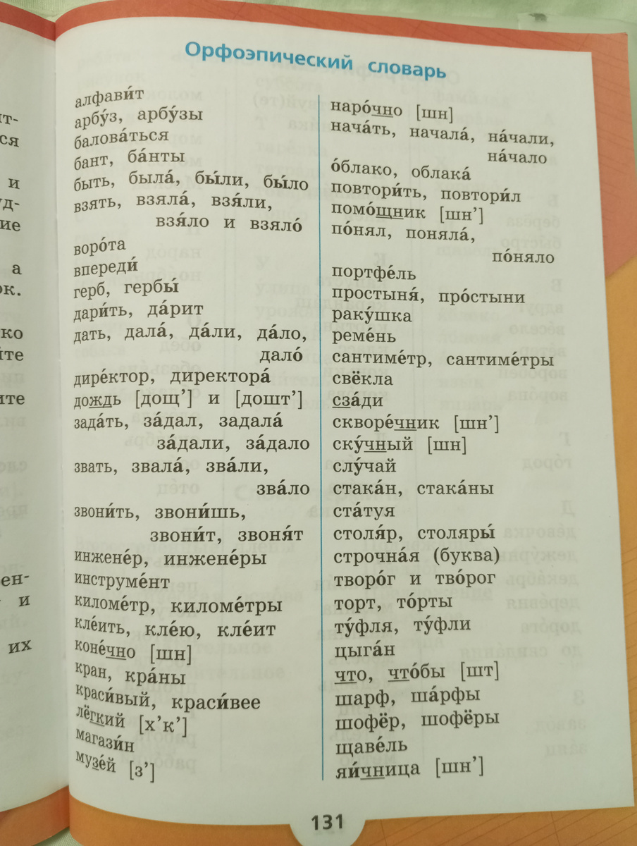Краткий орфоэпический словарь из учебника по русскому языку для 2-го класса