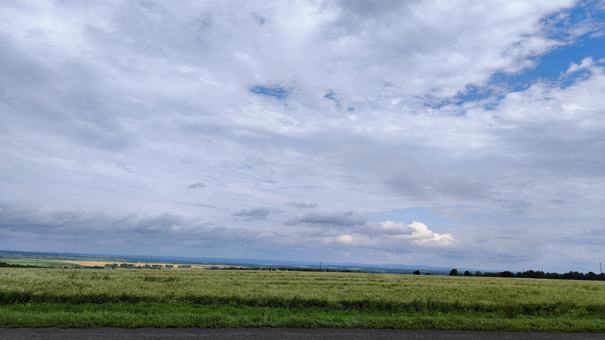 Граница Беловского и Прокопьевского района, на трассе смотрим на восток. До дальних синеющих гор тут километров 45, а Томь ещё дальше - за ними