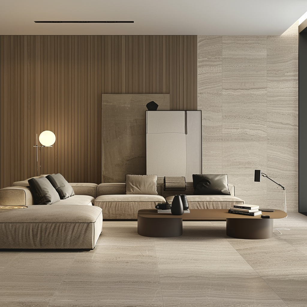 Гостиная с использованием травертина