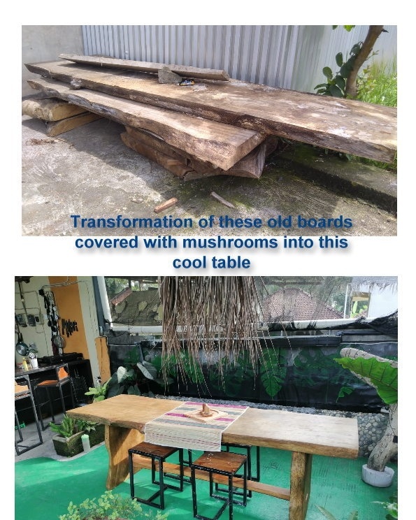 Мы пол-года ездили мимо и смотрели как они потихоньку гниют под дождём на обочине. Потом зашли в соседнюю дверь и договорились с хозяином их купить супер дёшево. Немного времени, воображения, и работы болгаркой и воском - и доски получили 2ю счастливую жизнь :) 