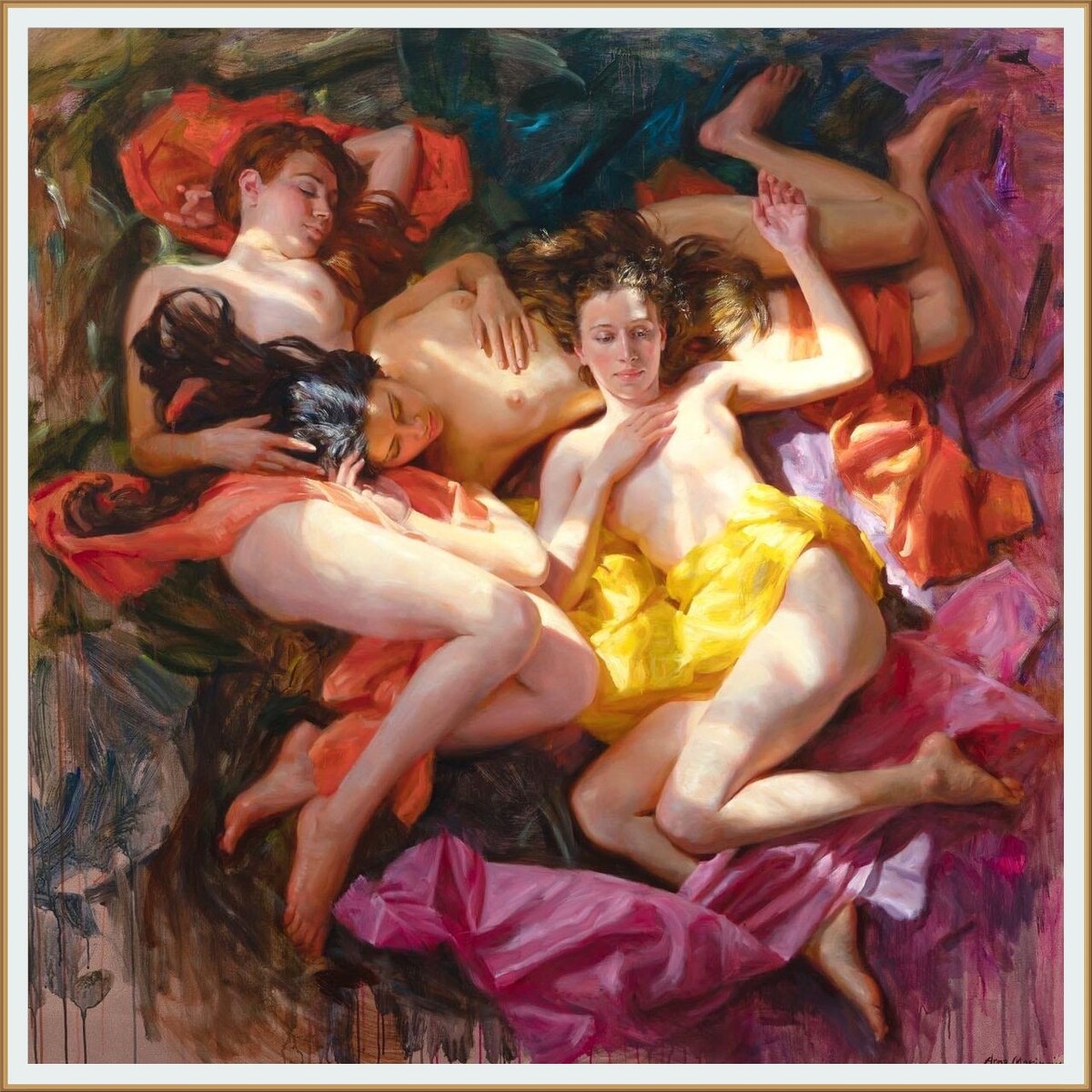 Картина художницы АННЫ МАРИНОВОЙ под названием " Три грации. Холст, масло. 160х160 см. 2020 год
