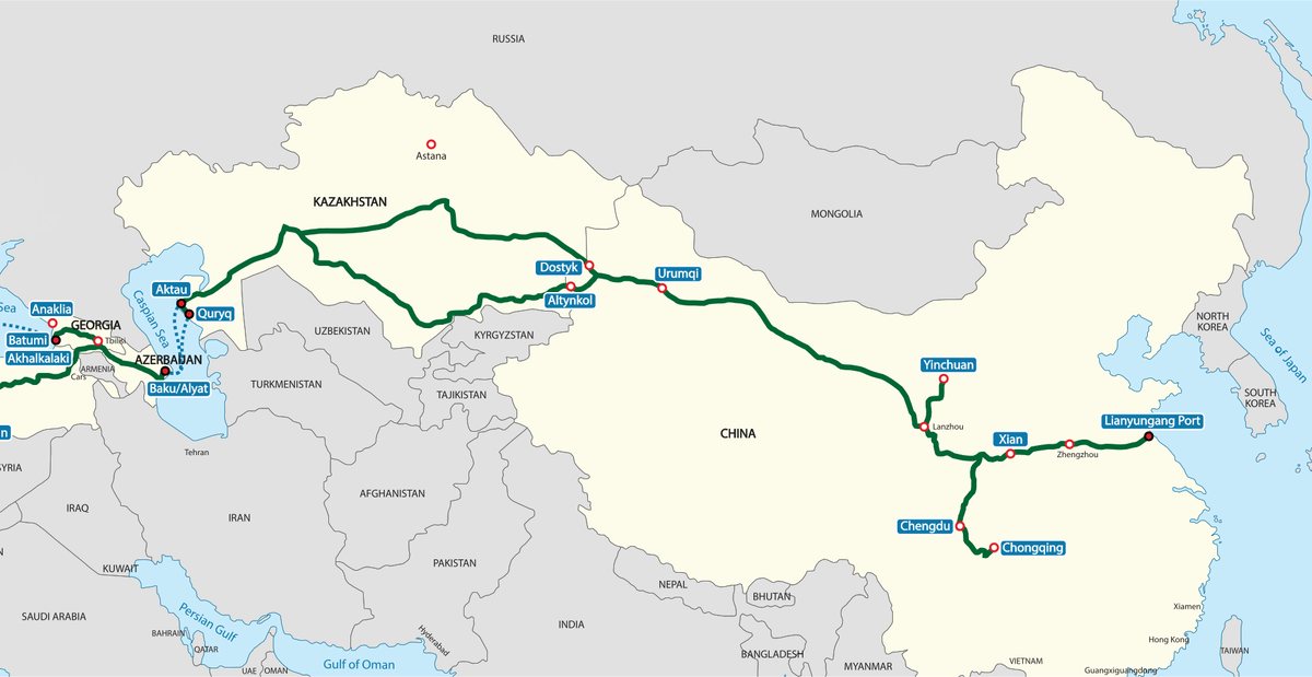 © Tanvir Anjum Adib / Wikimedia Commons / CC BY-SA 4.0 (ТМТМ проходит через Китай, Казахстан, акваторию Каспийского моря, Азербайджан, Грузию и далее в Турцию и страны Европы)