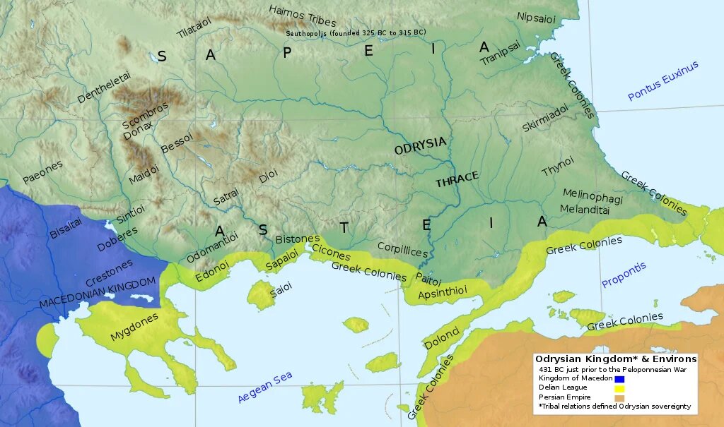 Карта древней южной Фракии. Центральные земли Одирсии находились к югу от горного хребта Хемус (расположенного вокруг одноименной столицы Севта Сеутополя). 