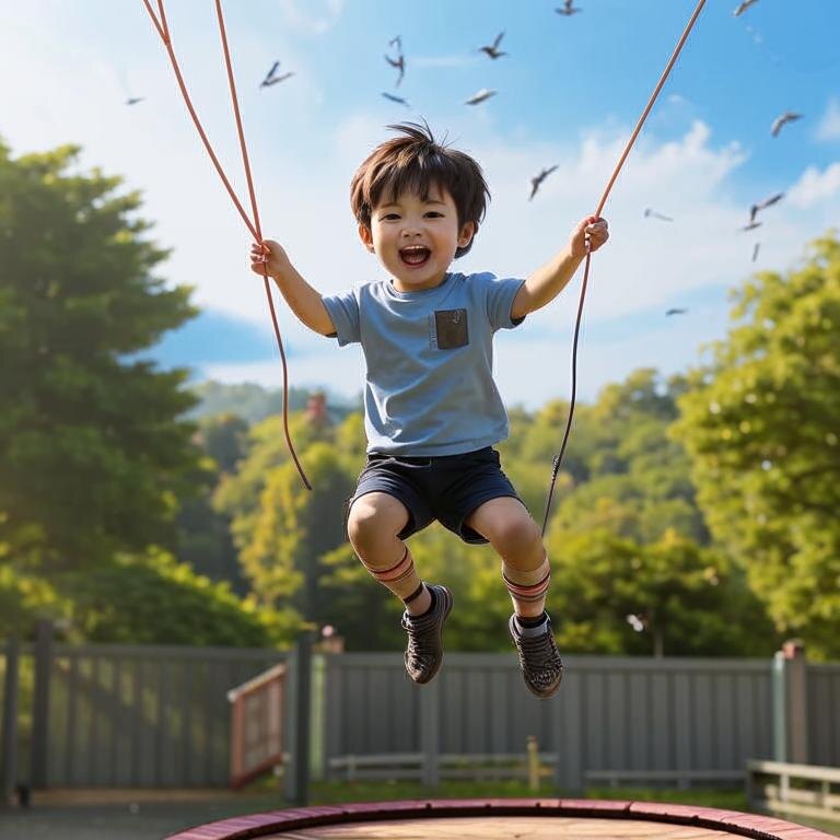 Маленькай мальчик прыгает на батуте