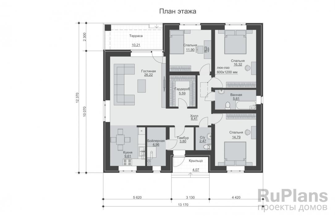Тамбур - 3,80 м2 С/у - 2,47 м2 Спальня - 14,79 м2 Ванная - 5,61 м2 Спальня - 16,32 м2 Спальня - 11,90 м2 Гардероб - 5,59 м2 Гостиная - 26,22 м2 Кухня - 9,61 м2 Бойлерная - 4,96 м2 Холл - 8,41 м2