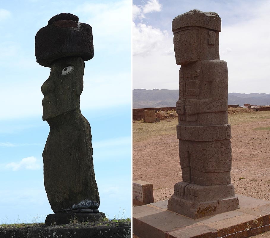 Статуи на острове Пасхи (слева) и в Тиауанако (справа)